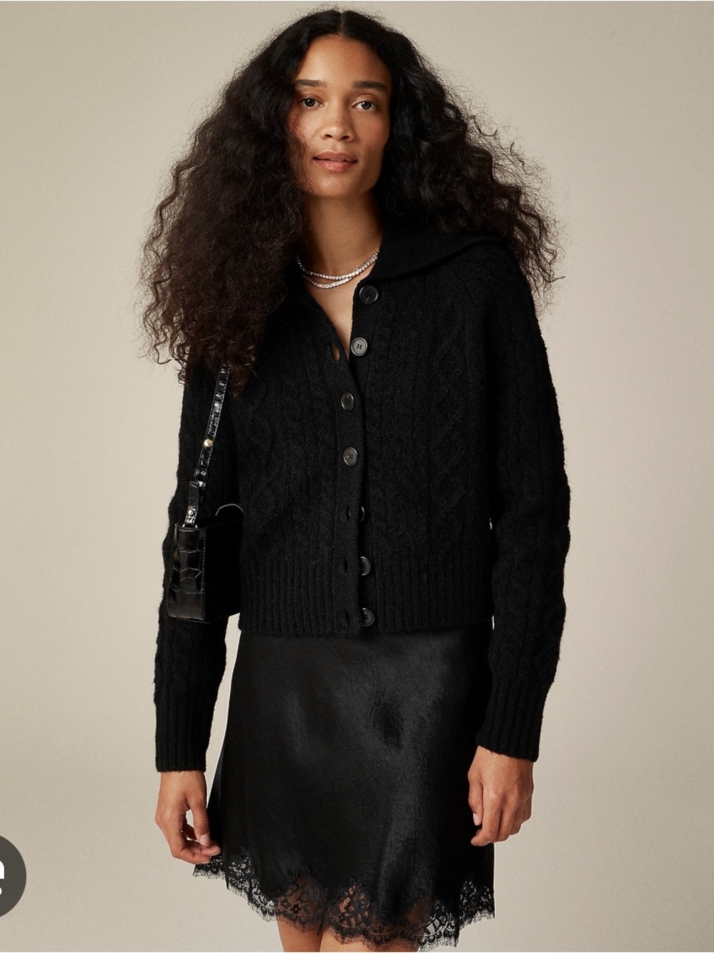 J. CREW Collared Cable Knit Cardigan Sweater Black Large Academia Preppy Wool